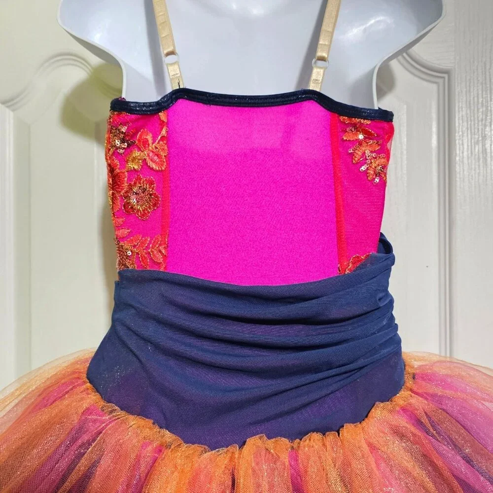 Pink Tricolor Tulle Lyrical Dance Ballet Costume Dress Floral Sequin Tutu Girls